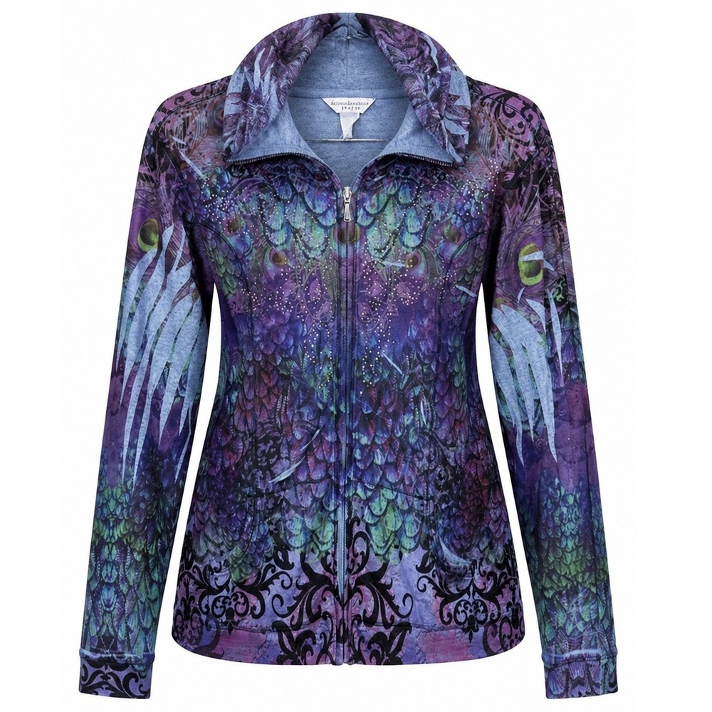 Christopher & Banks Zip Up Hoodie Women PXL Rhinestone Peacock Feather Purple XL